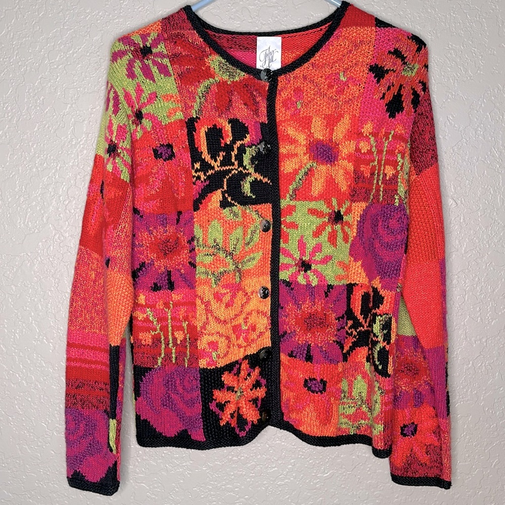 Hand knit patchwork vibrant colors 3D knit button down long sleeve cardigan